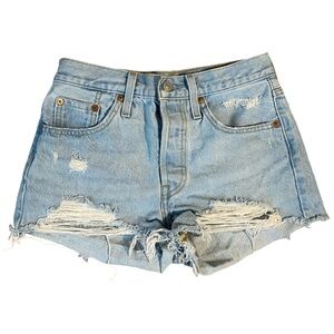 Levi’s 501 light wash distressed denim shorts